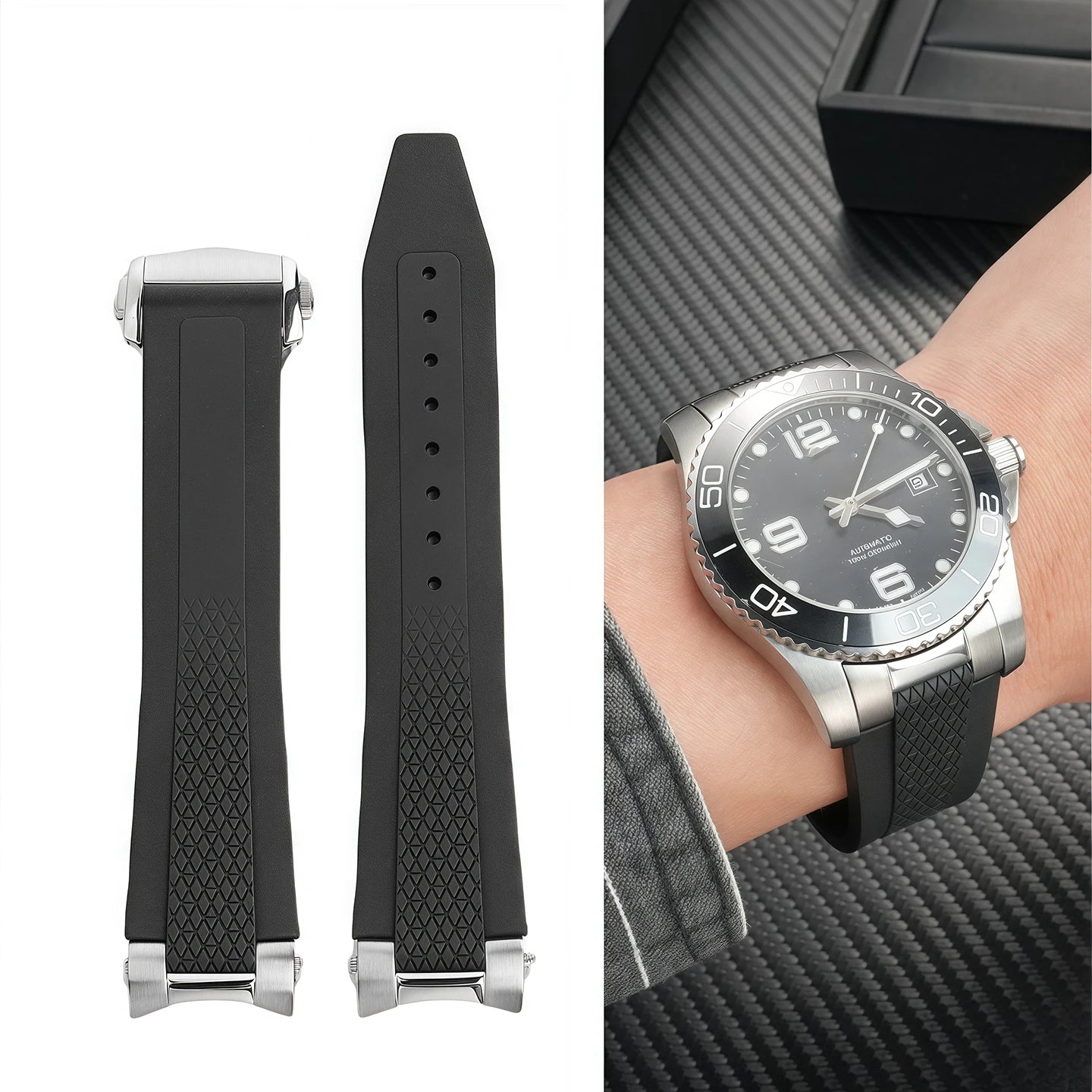 Cinturino per orologio in gomma fluorurata di alta qualità, 21 mm, per Longines Hydroconquest L3 Conquest, cinturino per orologio sportivo subacqueo + interfaccia in metallo