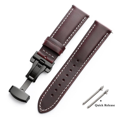 Bracelet de montre Vintage en cuir ciré à l'huile, 18mm 20mm 22mm, couche de tête universelle en cuir de vache, accessoires de Bracelet à boucle papillon