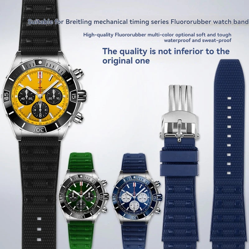 22mm 24mm FKM Viton Rubber Strap for Breitling Super Chronomat B01 44 Avenger, Waterproof Fluororubber Watch Band for Men