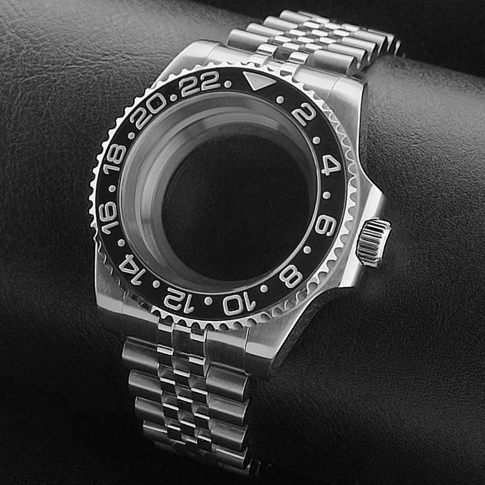 Nouveau 40.5mm GMT fit NH-34 boîtier en argent lunette peut tourner dans les deux directions saphir boîtier de montre étanche pièces de montre accessoires