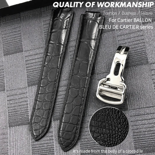 Genuine Leather Watch Strap for Cartier Ballon Bleu de Cartier, Crocodile Skin, Black, Brown, 14mm, 16mm, 18mm, 20mm, 22mm