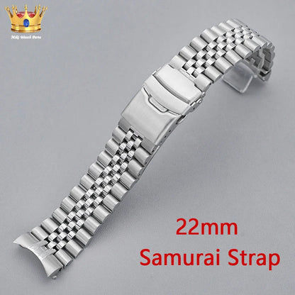 Cinturino per orologio Samurai King, chiusura deployante, in acciaio inossidabile, compatibile con casse Samurai King, cinturino solido con estremità curva