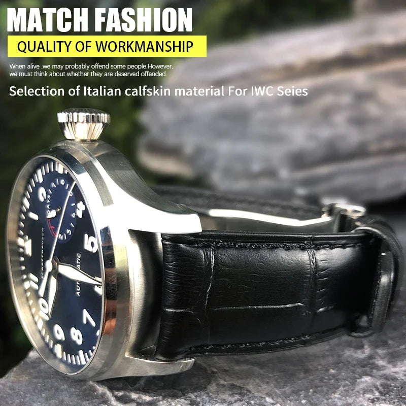 Bracelet de montre en cuir de veau véritable, grain d'alligator, compatible avec IWC Pilot Portuguese Serie, disponible en noir, marron et bleu