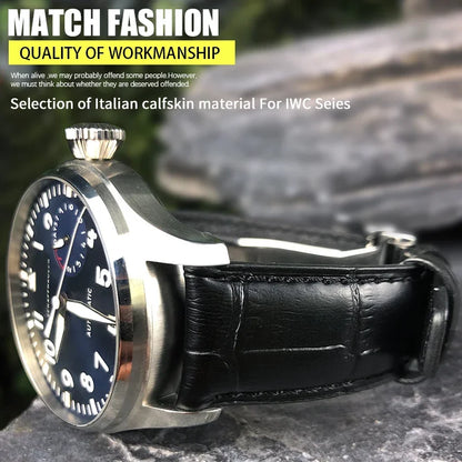 Bracelet de montre en cuir de veau véritable, grain d'alligator, compatible avec IWC Pilot Portuguese Serie, disponible en noir, marron et bleu