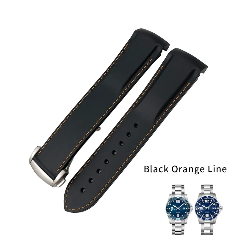 适用于浪琴表、精工SKX、欧米茄、劳力士的表带，橡胶硅胶材质，弧形接口，18mm、19mm、20mm、21mm、22mm可选