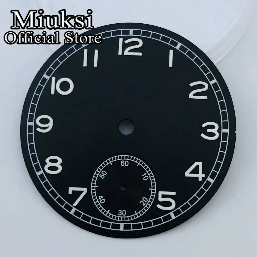 Miuksi 37mm Black White Blue Luminous Watch Dial Fit ETA 6498 ST3620 Series Movement