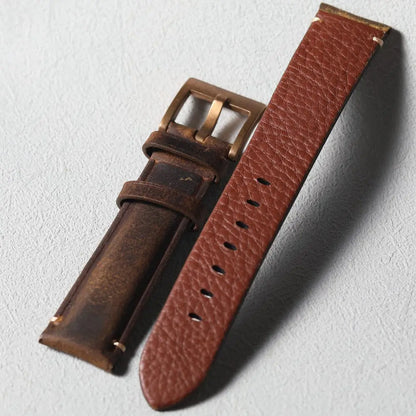 Bracelet en cuir de vache de couche supérieure fait à la main, fermoir en bronze, accessoires de montre en bronze 19 20 21 22MM, bracelet de montre vintage marron givré