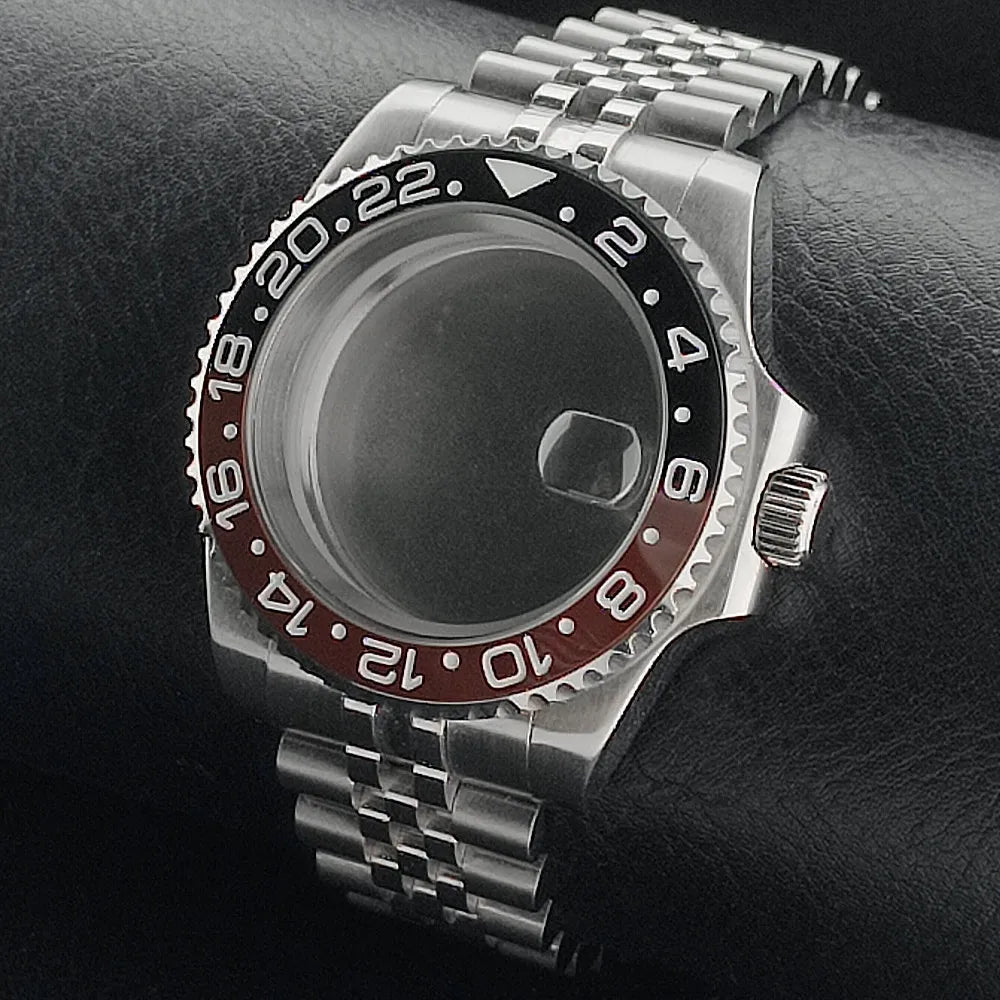 Nouveau 40.5mm GMT fit NH-34 boîtier en argent lunette peut tourner dans les deux directions saphir boîtier de montre étanche pièces de montre accessoires