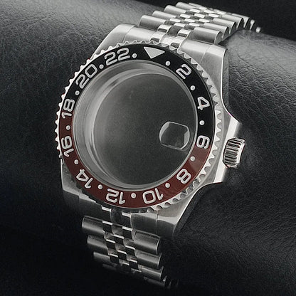 Nouveau 40.5mm GMT fit NH-34 boîtier en argent lunette peut tourner dans les deux directions saphir boîtier de montre étanche pièces de montre accessoires