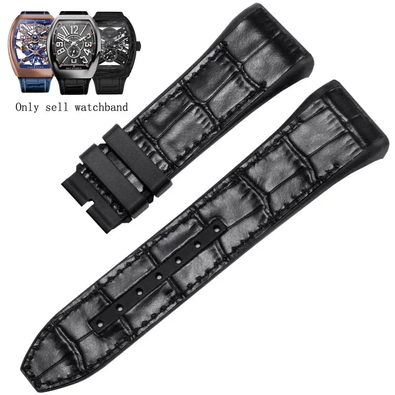 Bracelet de montre pliable en nylon et cuir véritable, bracelet de montre en silicone, noir, bleu, haute qualité, compatible avec Franck Muller, série V45, 28mm