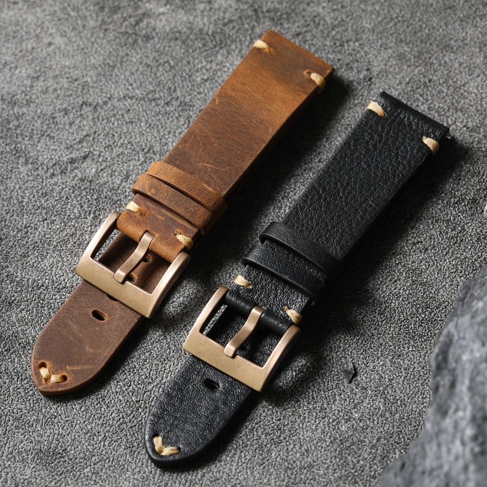 Handmade Top Layer Cowhide Leather Strap, Black Brown Bronze Watchband 19 20 21 22MM, Pure Copper Bezel, Bronze Watch Accessories