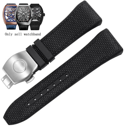 Bracelet de montre pliable en nylon et cuir véritable, bracelet de montre en silicone, noir, bleu, haute qualité, compatible avec Franck Muller, série V45, 28mm