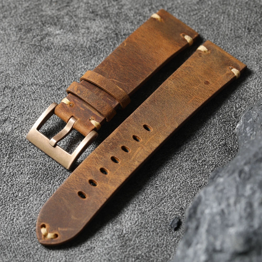 Handmade Top Layer Cowhide Leather Strap, Black Brown Bronze Watchband 19 20 21 22MM, Pure Copper Bezel, Bronze Watch Accessories