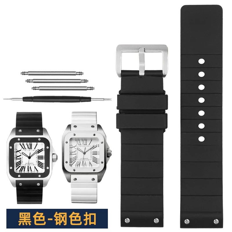 20mm 23mm bracelet de montre pour Cartier Santos Sandoz Santos 100 bracelet de montre en Silicone en caoutchouc hommes et femmes noir