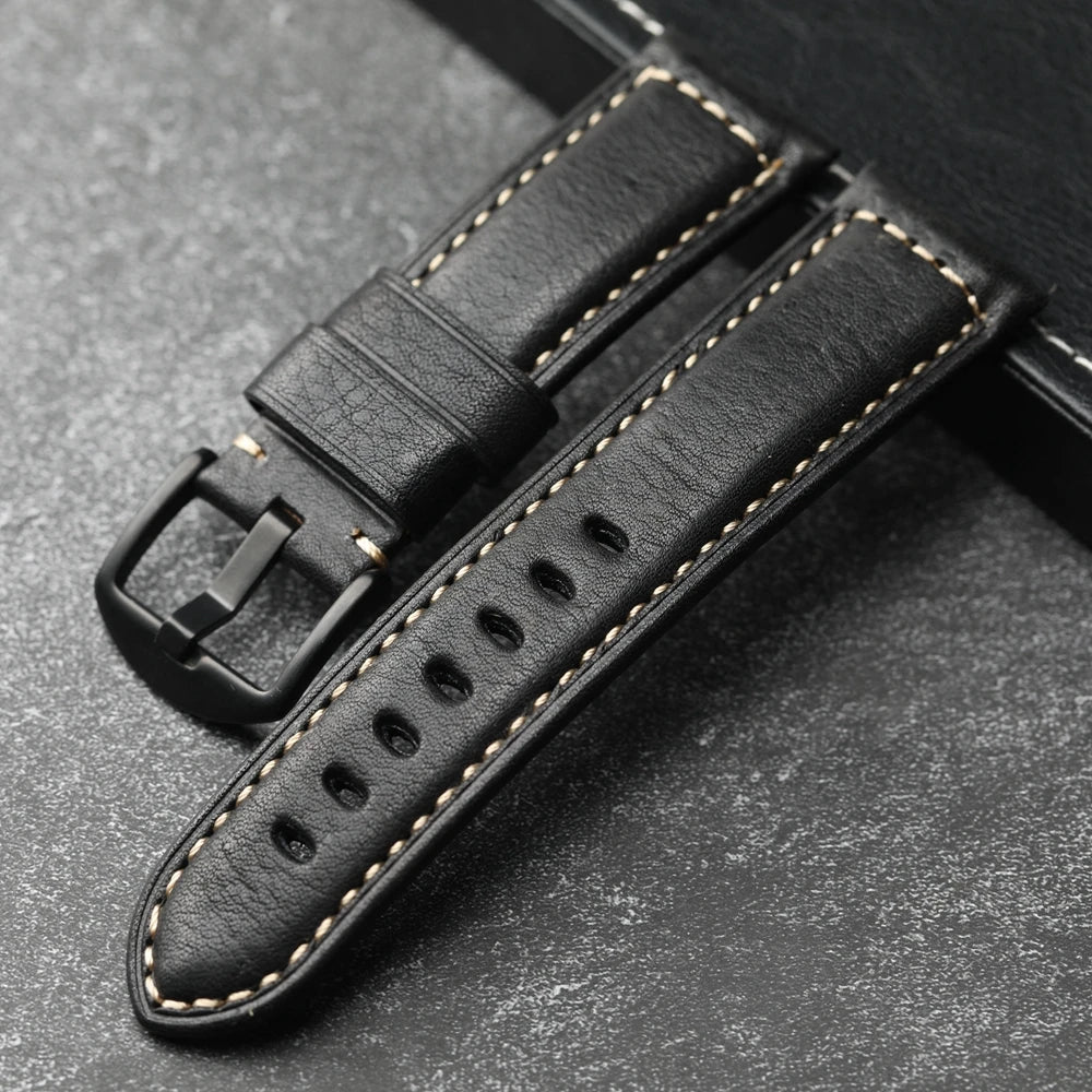Handmade Leather Watch Strap Black 20 22 24 26MM Head Layer Cowhide Men's Mechanical Watch Band, Retro Style Black Strap