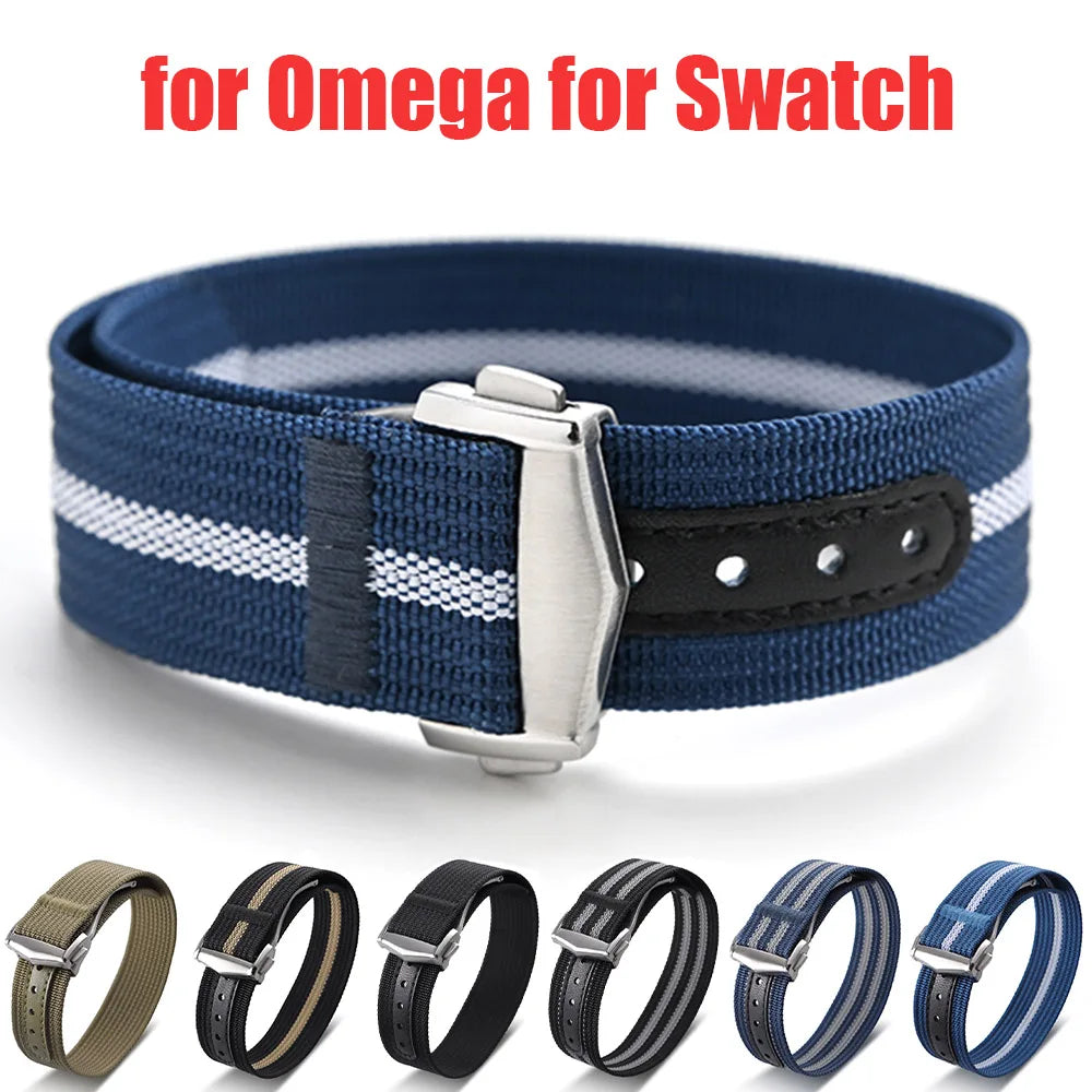Bracelet en Nylon nervuré de 20mm pour Omega pour Swatch pour Moonswatch, boucle pliante en acier inoxydable, bracelet de montre de remplacement pour hommes et femmes