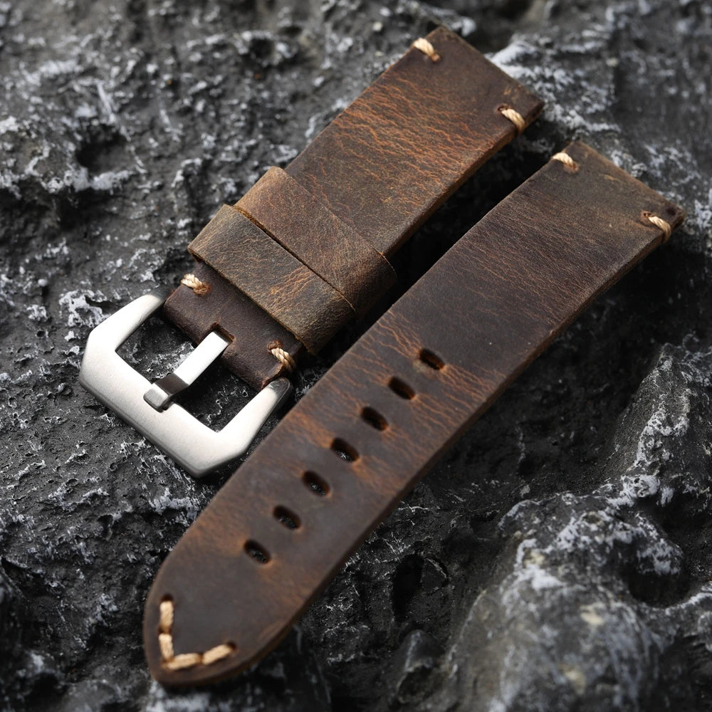 Men's Vintage Handmade Watch Strap, Top Layer, Thickened, Handcrafted, Dark Brown, Fits GT3 4, 20mm, 21mm, 22mm, 23mm, 24mm, 26mm