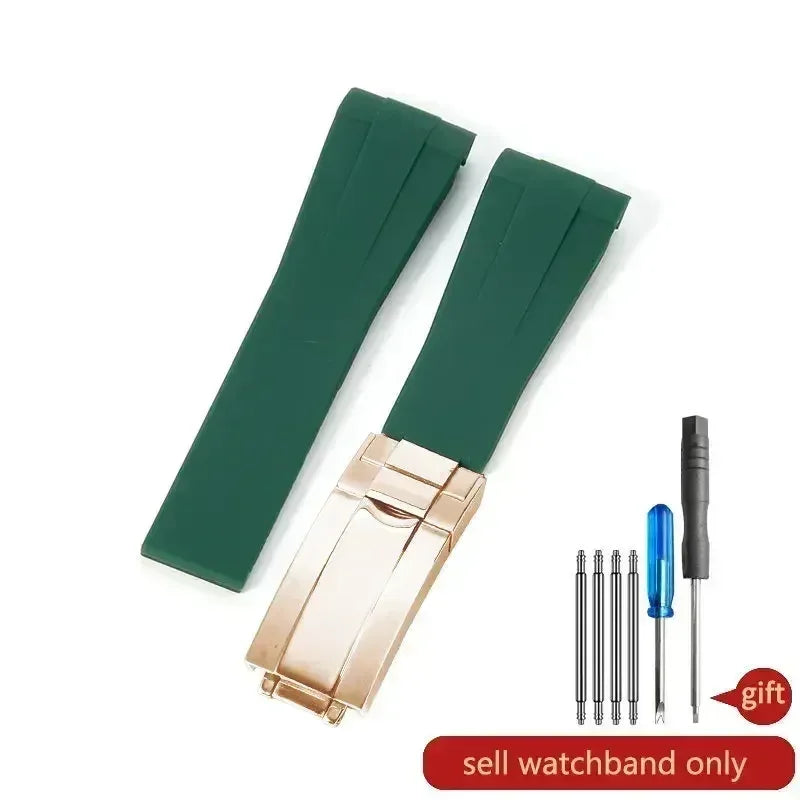 High-quality silicone watch strap in colorful styles (black, green, red, blue, white), with a curved interface for Rolex Datejust Submariner straps.