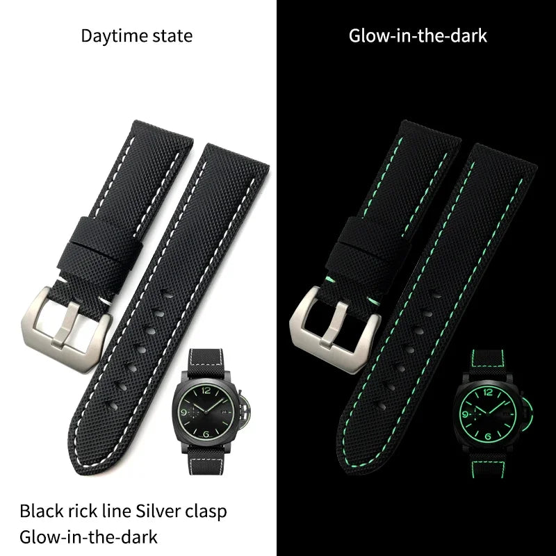 22mm 24mm 26mm Watch Strap for Panerai Luminor PAM01661, Black and Blue Nylon Fabric, Genuine Leather Canvas, Screw Pin Buckle