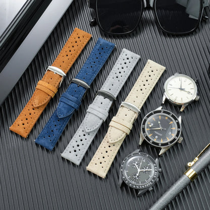 Bracelet de montre en cuir suédé perforé vintage 20mm 21mm 22mm - Sangle de remplacement rétro respirante à dégagement rapide