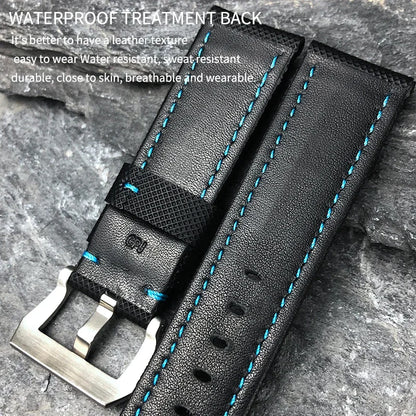 22mm 24mm 26mm Watch Strap for Panerai Luminor PAM01661, Black and Blue Nylon Fabric, Genuine Leather Canvas, Screw Pin Buckle