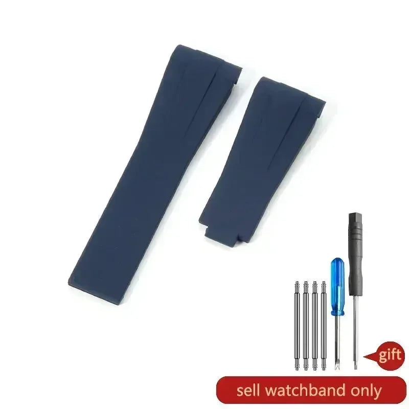 High-quality silicone watch strap in colorful styles (black, green, red, blue, white), with a curved interface for Rolex Datejust Submariner straps.