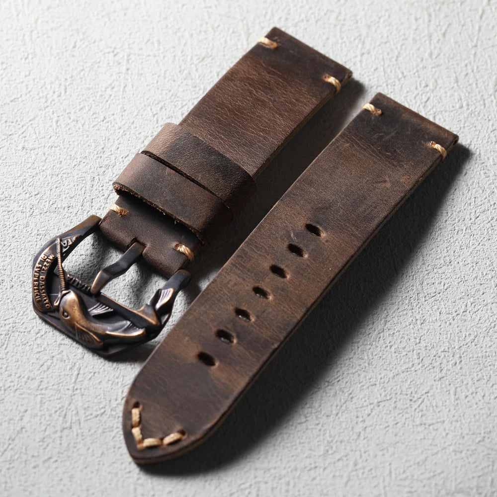 Handmade Bronze Buckle Strap, Compatible with Bronze Watch Accessories, 20MM 22MM 24MM 26MM Thick, Brown Leather Strap