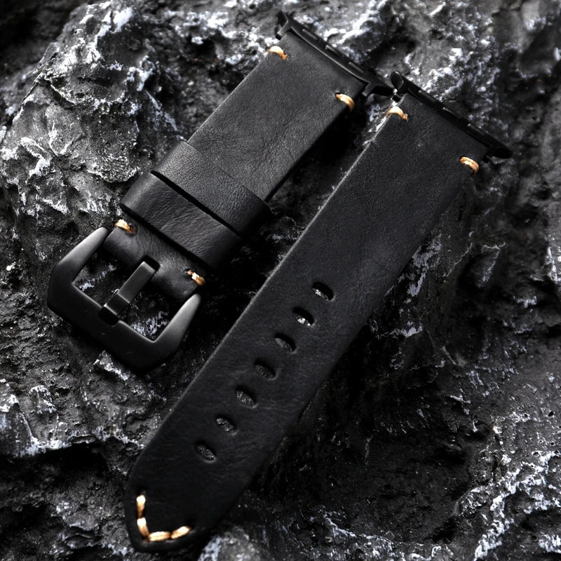 Cinturino per orologio da uomo in pelle bovina fatto a mano per Iwatch, nero e marrone, per Apple Watch 8/7 Ultra, spessore 45 49MM