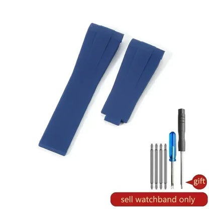 High-quality silicone watch strap in colorful styles (black, green, red, blue, white), with a curved interface for Rolex Datejust Submariner straps.