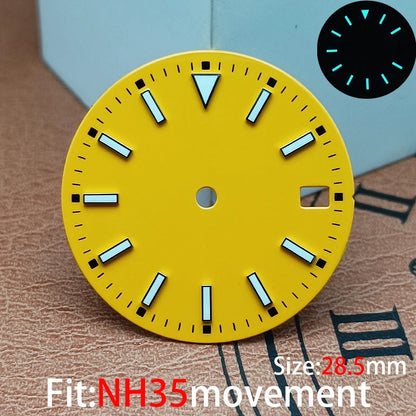 The 28.5mm luminous yellow, black, blue, and green sterile watch face is suitable for NH35/8215/2836 movement watch accessories