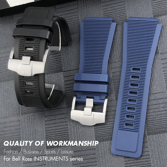 Cinturino per orologio in gomma convessa da 24 mm per Bell Ross BR 01 03, cinturino subacqueo sportivo, nero e blu, impermeabile