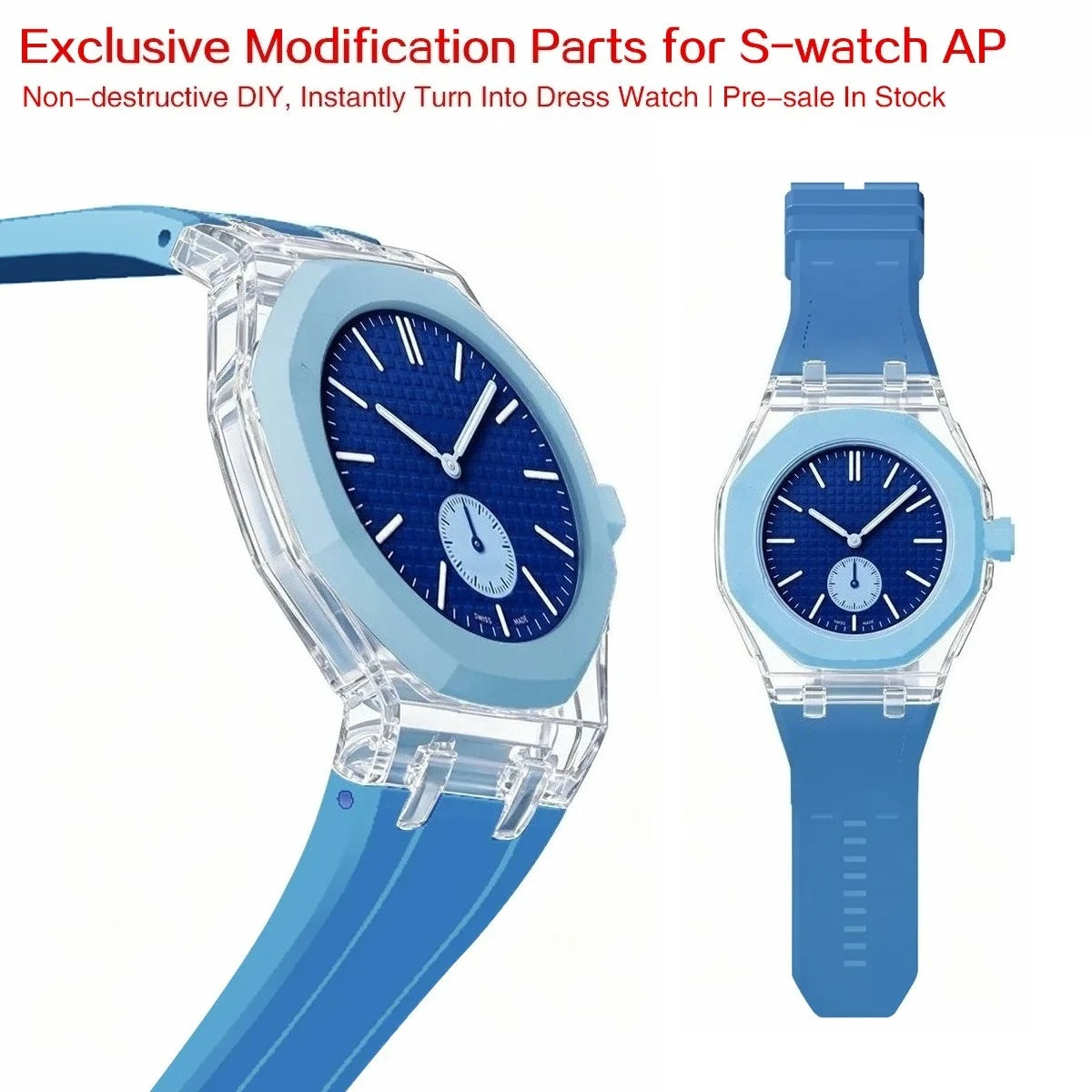 Cassa in plastica trasparente Glacier + cinturino in silicone per orologio da taschino AP X Swatch Royal Pop, trasformatore da orologio da taschino a cinturino in caucciù