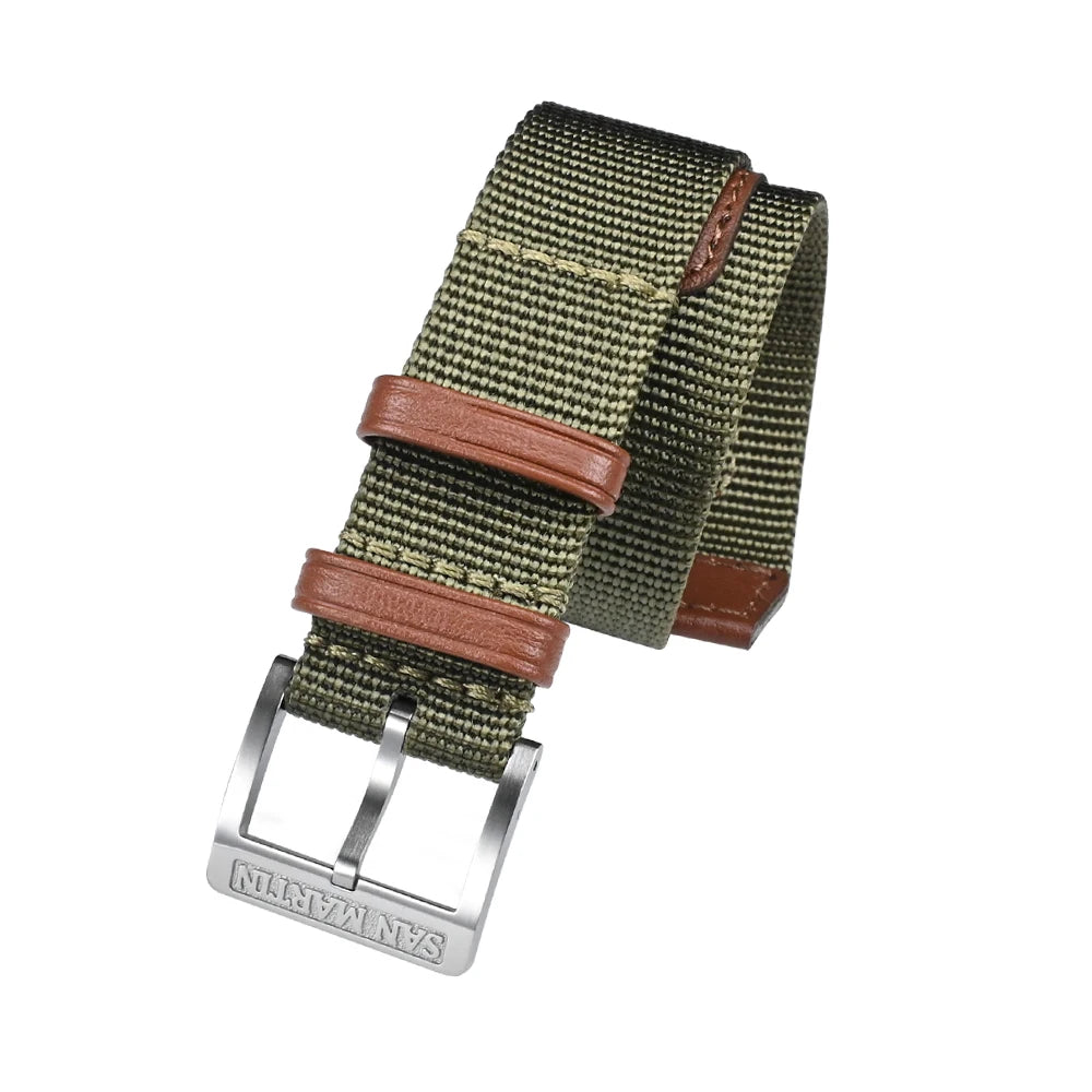 Cinturino per orologio San Martin, pezzo unico, 20 mm, nylon resistente, acciaio inossidabile 316L, fibbia ad ardiglione con logo, fibbia in pelle retrò militare SN0105