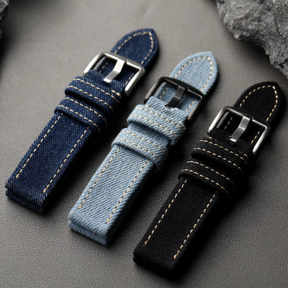 Handmade Japanese Okayama Denim Watch Strap, 20 22 24 26MM, Rugged Double Layer Style, Suitable for Mountain Watches
