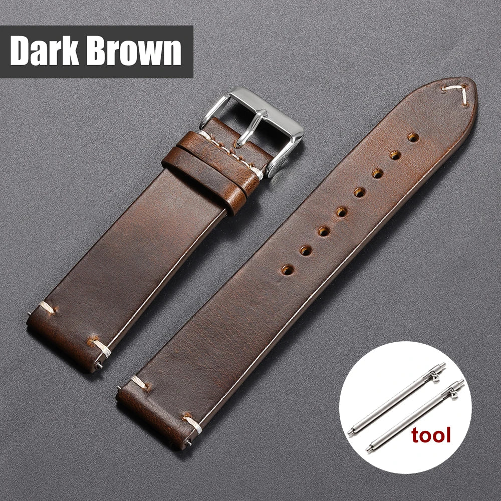 Bracelet de montre en cuir huilé vintage 18 mm 20 mm 22 mm 19 mm 21 mm 24 mm, sangle en cuir de vachette à couture universelle pour Seiko pour Omega