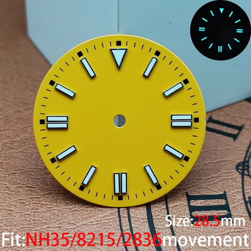 The 28.5mm luminous yellow, black, blue, and green sterile watch face is suitable for NH35/8215/2836 movement watch accessories