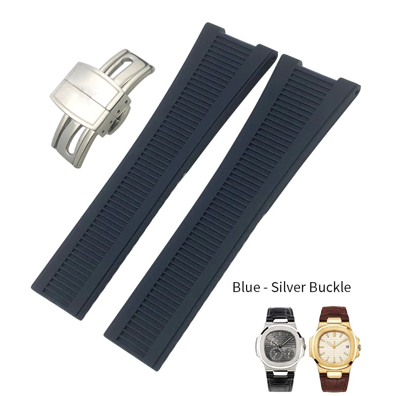 Correa de reloj de caucho y silicona, forma cóncava, 25mm 13mm, adaptada a PATEK PHILIPPE Nautilus PP, negro, azul, marrón, cierre desplegable