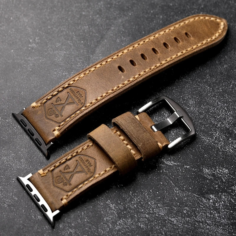 Vera pelle bovina tedesca fatta a mano, primo strato, adatta per Apple Watch S10 Ultra 49MM, cinturino retrò spesso in pelle