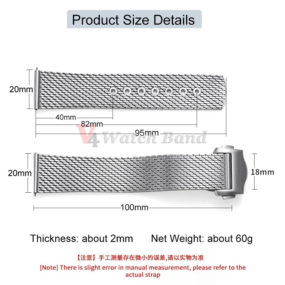For Omega Seamaster 20mm Stainless Steel Watch Bracelet 20MM for Omega 007 Silver Mesh Bracelet Watch Strap Breathable Flat Design