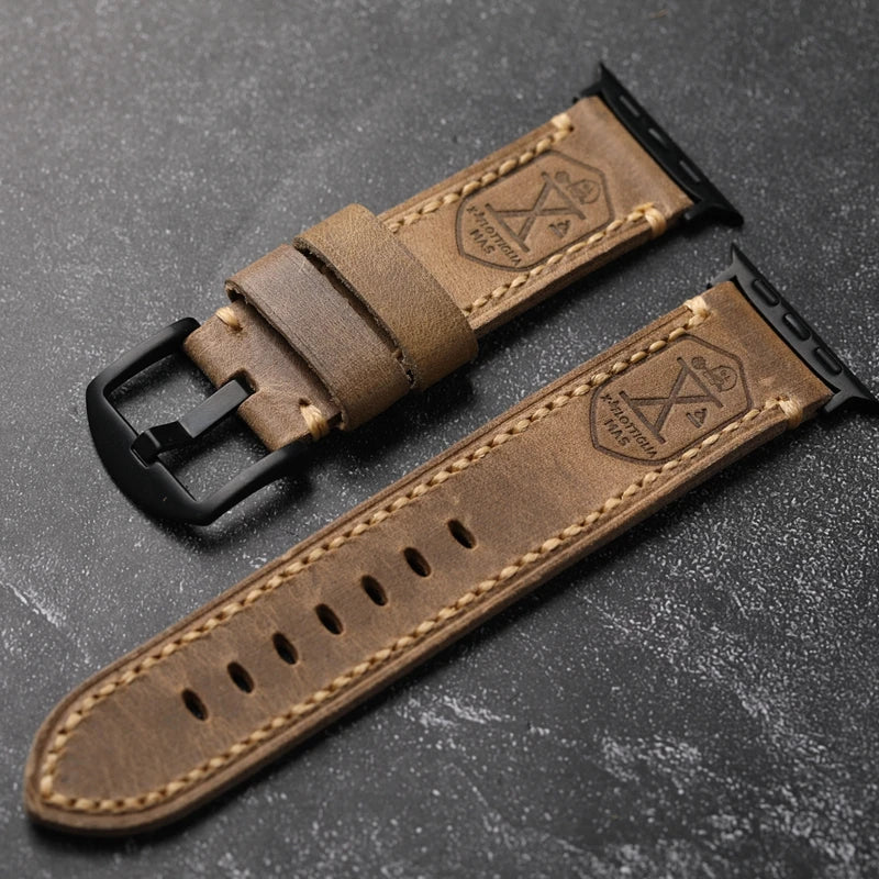 Vera pelle bovina tedesca fatta a mano, primo strato, adatta per Apple Watch S10 Ultra 49MM, cinturino retrò spesso in pelle