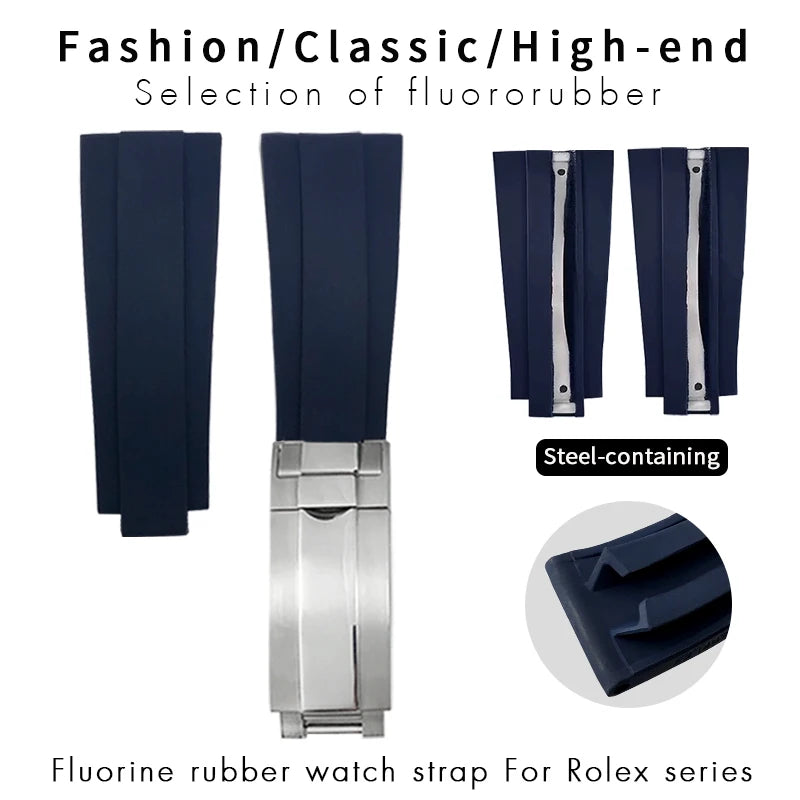 Bracelet de montre en caoutchouc fluoré FKM souple, 18mm, 20mm, 21mm, 22mm, pour Rolex Submariner GMT Daytona Yacht-Master, boucle coulissante OYSTERFLEX