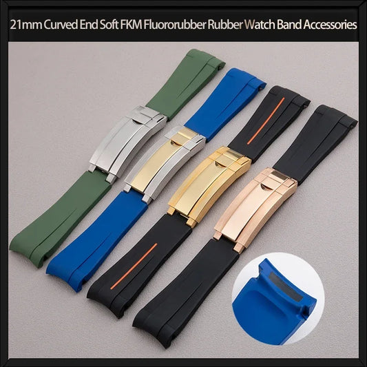 Cinturino in gomma fluorurata FKM con estremità curve da 21 mm, accessori per cinturino Rolex, per Submariner Explorer 216570 da 41 mm, fibbia scorrevole