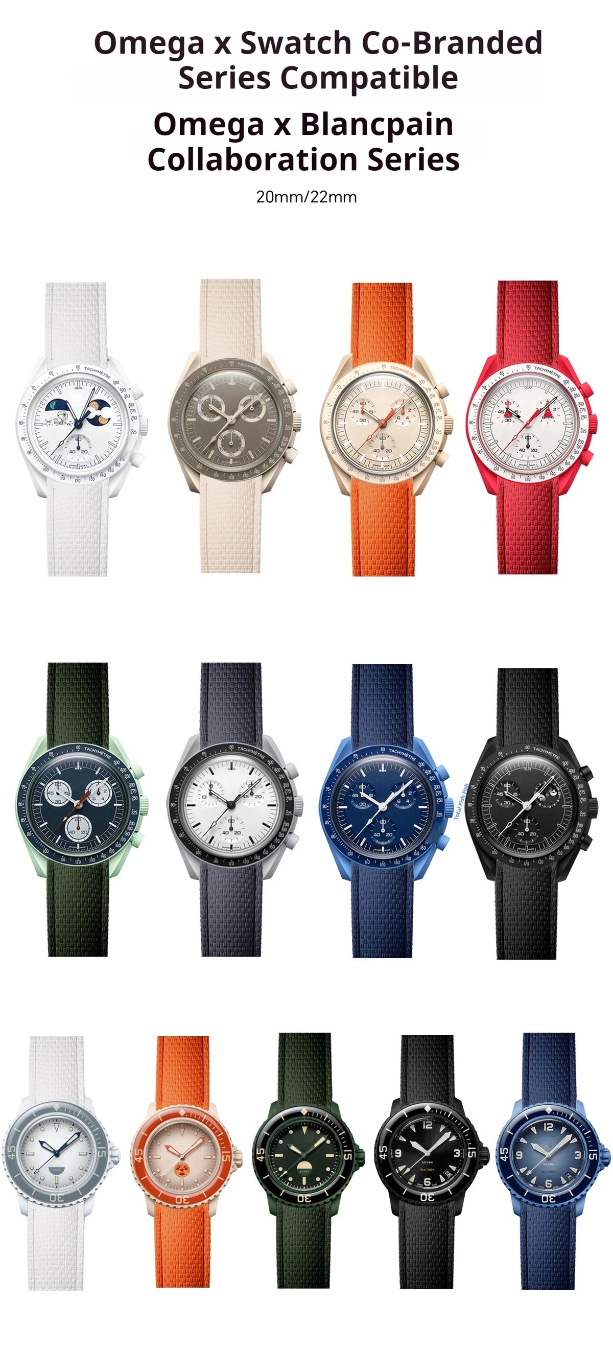 CTS FKM 橡胶表带，适用于 20mm Swatch X Omega Moonswatch / 22mm Swatch X Blancpain，男女通用柔软防水替换表带