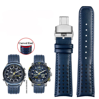 Curved End Leather Watch Strap, 22mm 23mm, for Citizen Blue Angel AT8020-54L/8020-03L JY8078 AT8020 Series, Black