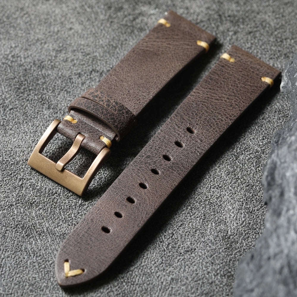 Handmade Top Layer Cowhide Leather Strap, Black Brown Bronze Watchband 19 20 21 22MM, Pure Copper Bezel, Bronze Watch Accessories