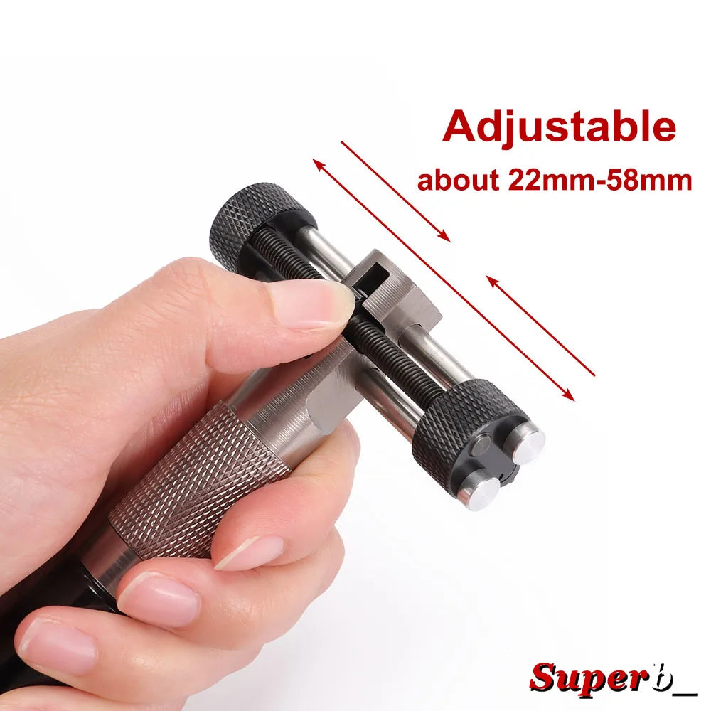 3-in-1 metal watchmaker tool: Adjustable case opener, press to close and open the case back, watch movement holder