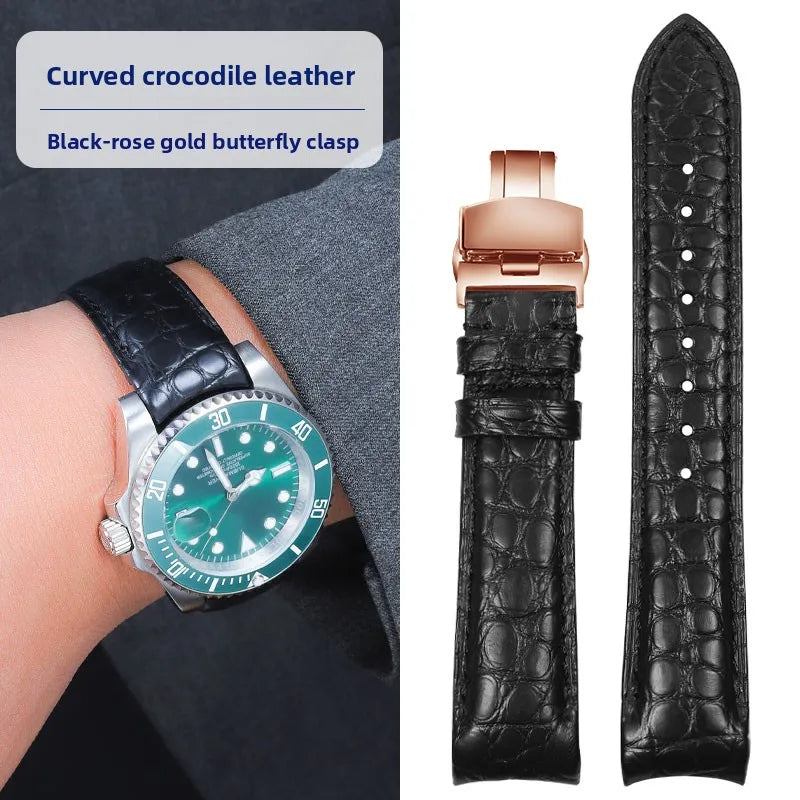 Bracelet de montre incurvé en peau de Crocodile, 20mm 22mm, pour Rolex Omega Tissot IWC Seiko, Bracelet en cuir véritable souple pour hommes