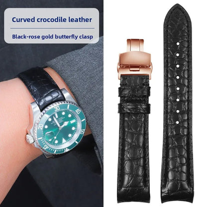 Bracelet de montre incurvé en peau de Crocodile, 20mm 22mm, pour Rolex Omega Tissot IWC Seiko, Bracelet en cuir véritable souple pour hommes