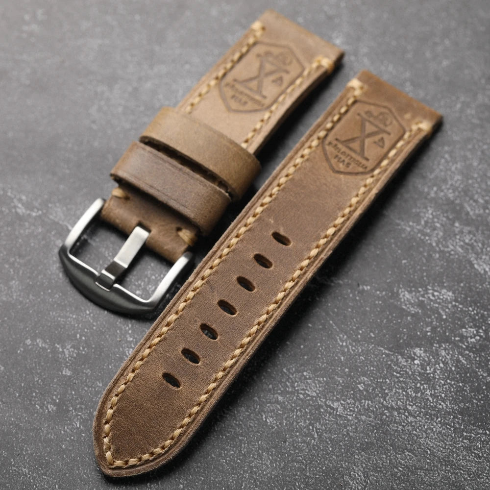 Handmade cowhide leather strap, 20 22 24MM, retro thick style for men, suitable for military watches