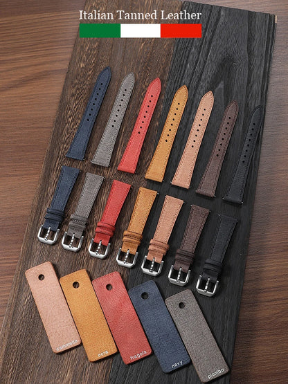 Cinturino per orologio in pelle Babele conciata all'italiana, 20 mm/22 mm, cinturino vintage in pelle pieno fiore con trama in lino e fibbia a sgancio rapido.